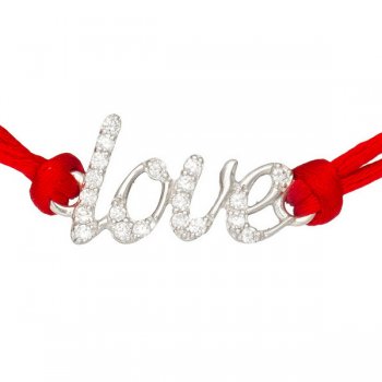 Шелковый браслет Love с камнями и с серебряной застежкой